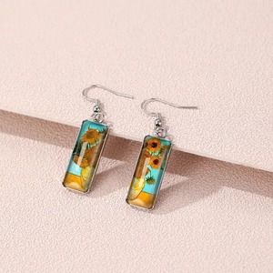 Sunflower Van Gogh Painting Drop Dangle Fish Hook Earrings 
